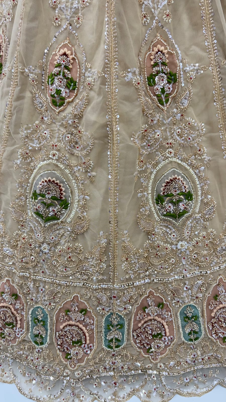 Beige Pure Premium Net Handwork Motif Crystal Patch Multi Thread & Sequins Work Bridal Lehenga Choli