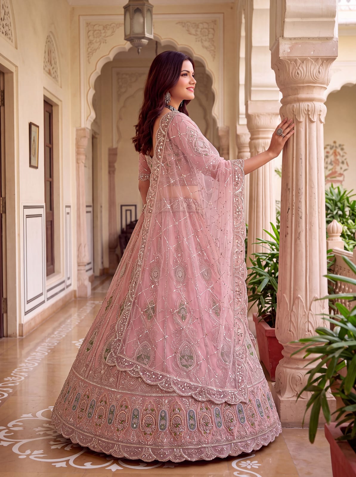 Pink Pure Premium Net Handwork Motif Crystal Patch Multi Thread & Sequins Work Bridal Lehenga Choli