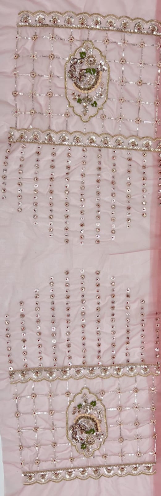 Pink Pure Premium Net Handwork Motif Crystal Patch Multi Thread & Sequins Work Bridal Lehenga Choli