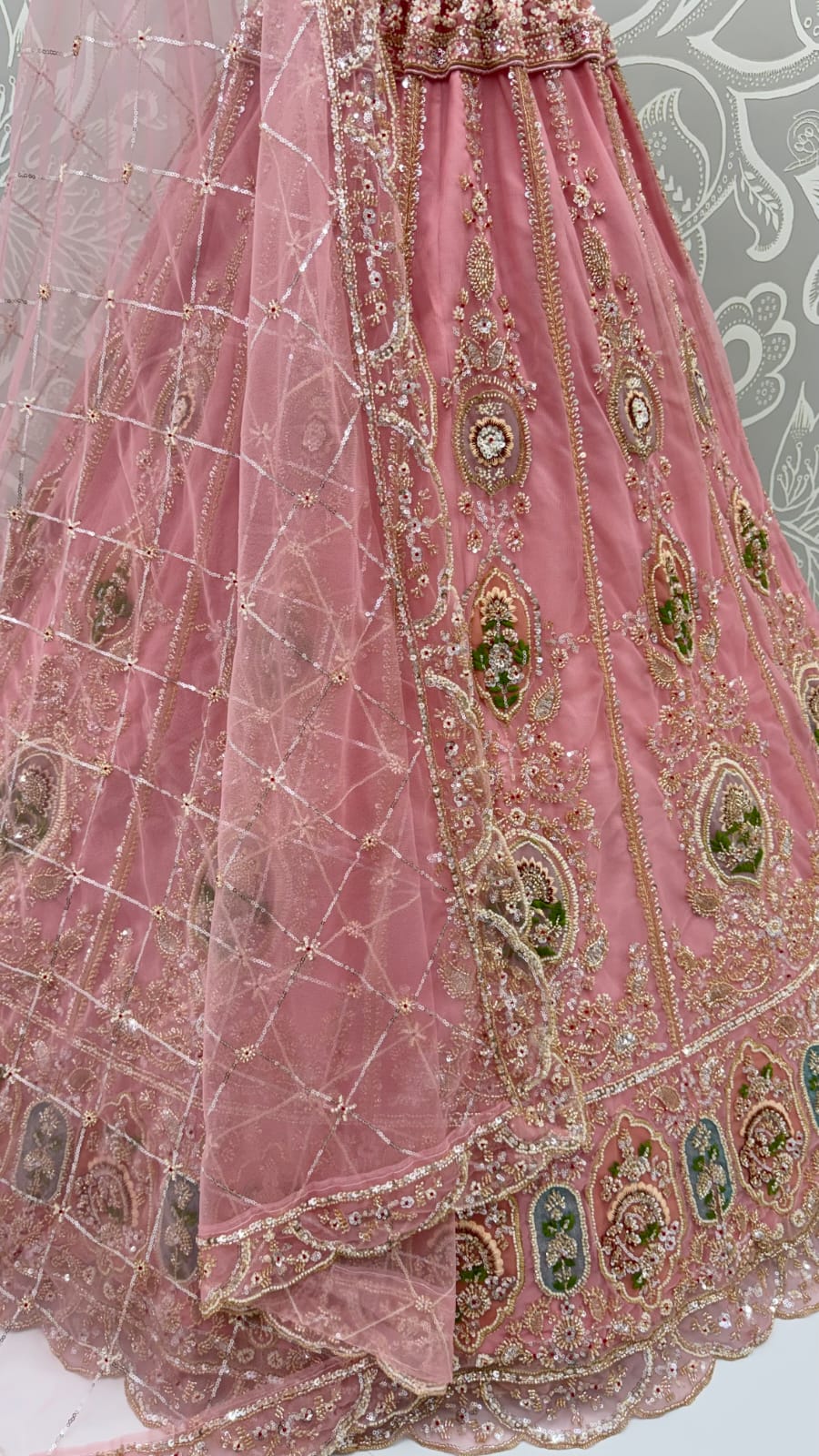 Pink Pure Premium Net Handwork Motif Crystal Patch Multi Thread & Sequins Work Bridal Lehenga Choli
