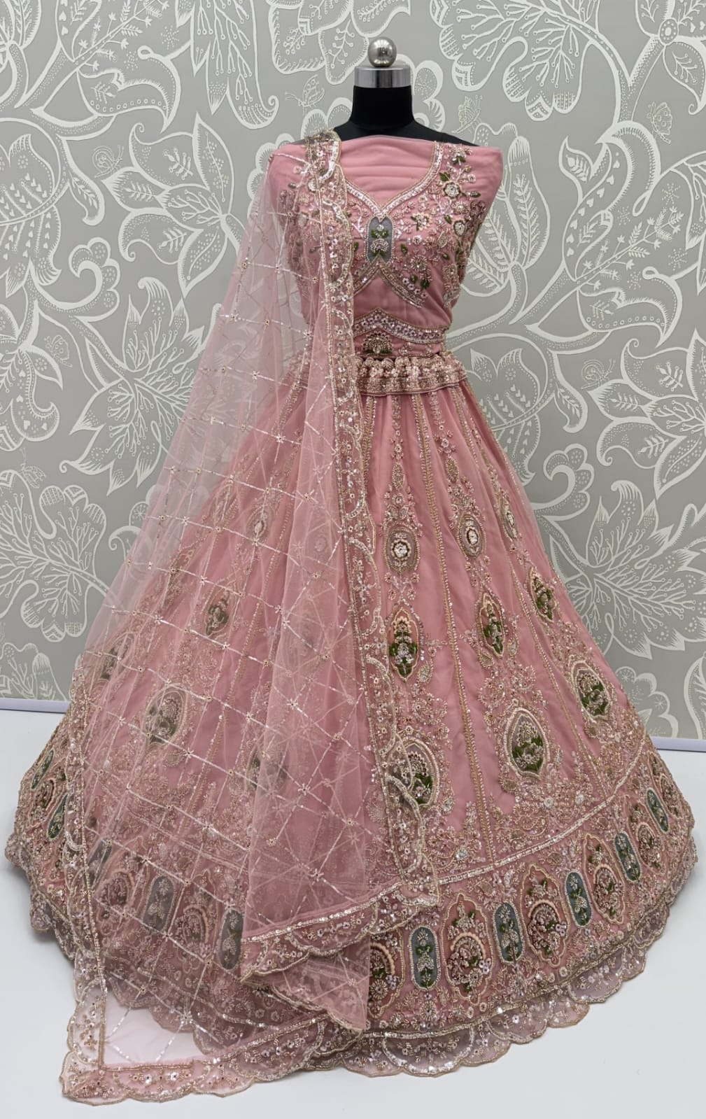 Pink Pure Premium Net Handwork Motif Crystal Patch Multi Thread & Sequins Work Bridal Lehenga Choli