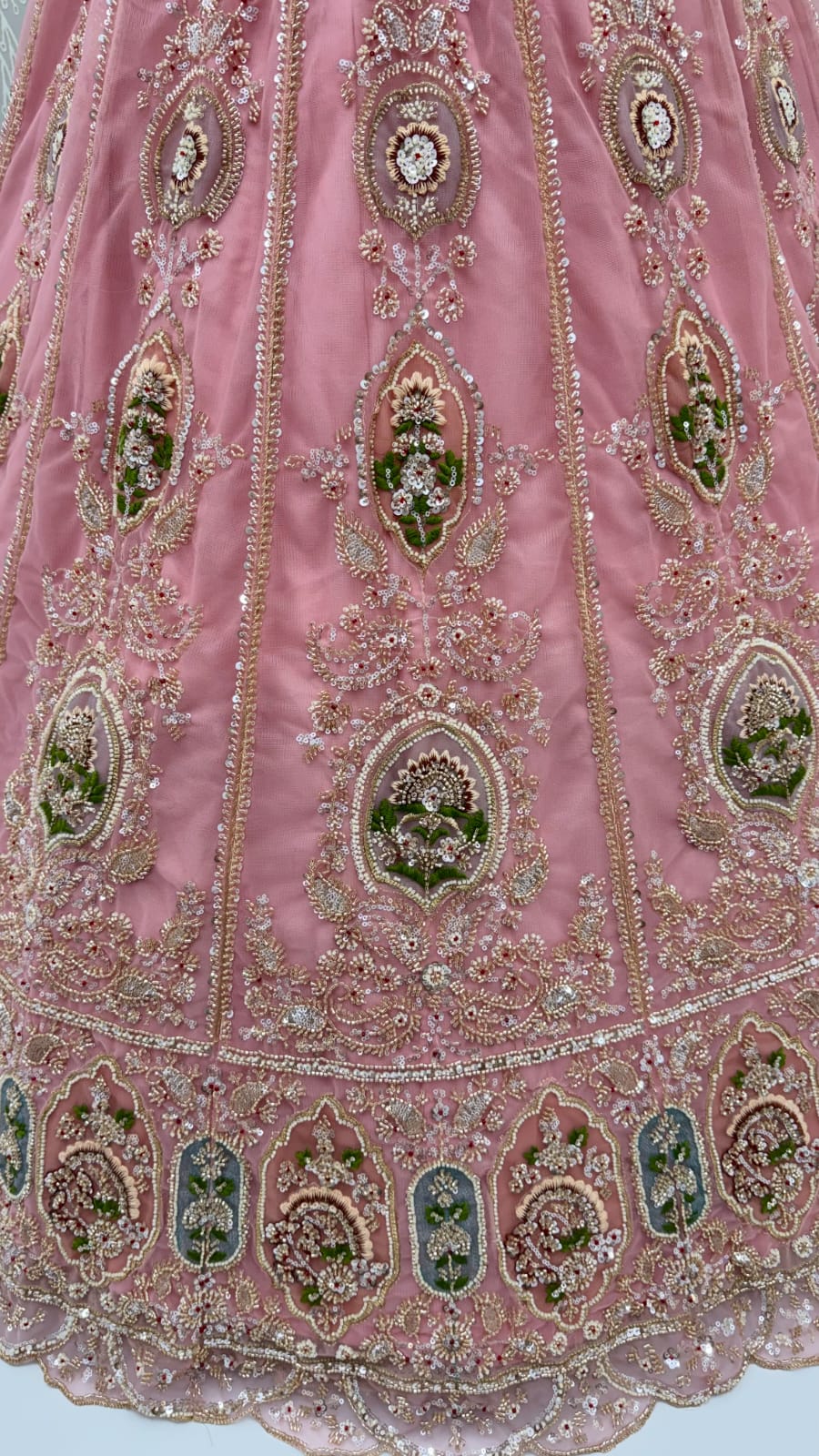 Pink Pure Premium Net Handwork Motif Crystal Patch Multi Thread & Sequins Work Bridal Lehenga Choli