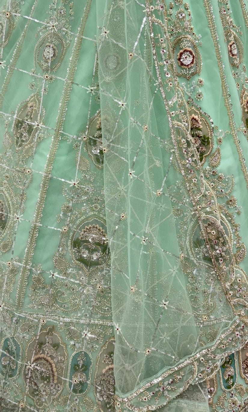 Pista Pure Premium Net Handwork Motif Crystal Patch Multi Thread & Sequins Work Bridal Lehenga Choli