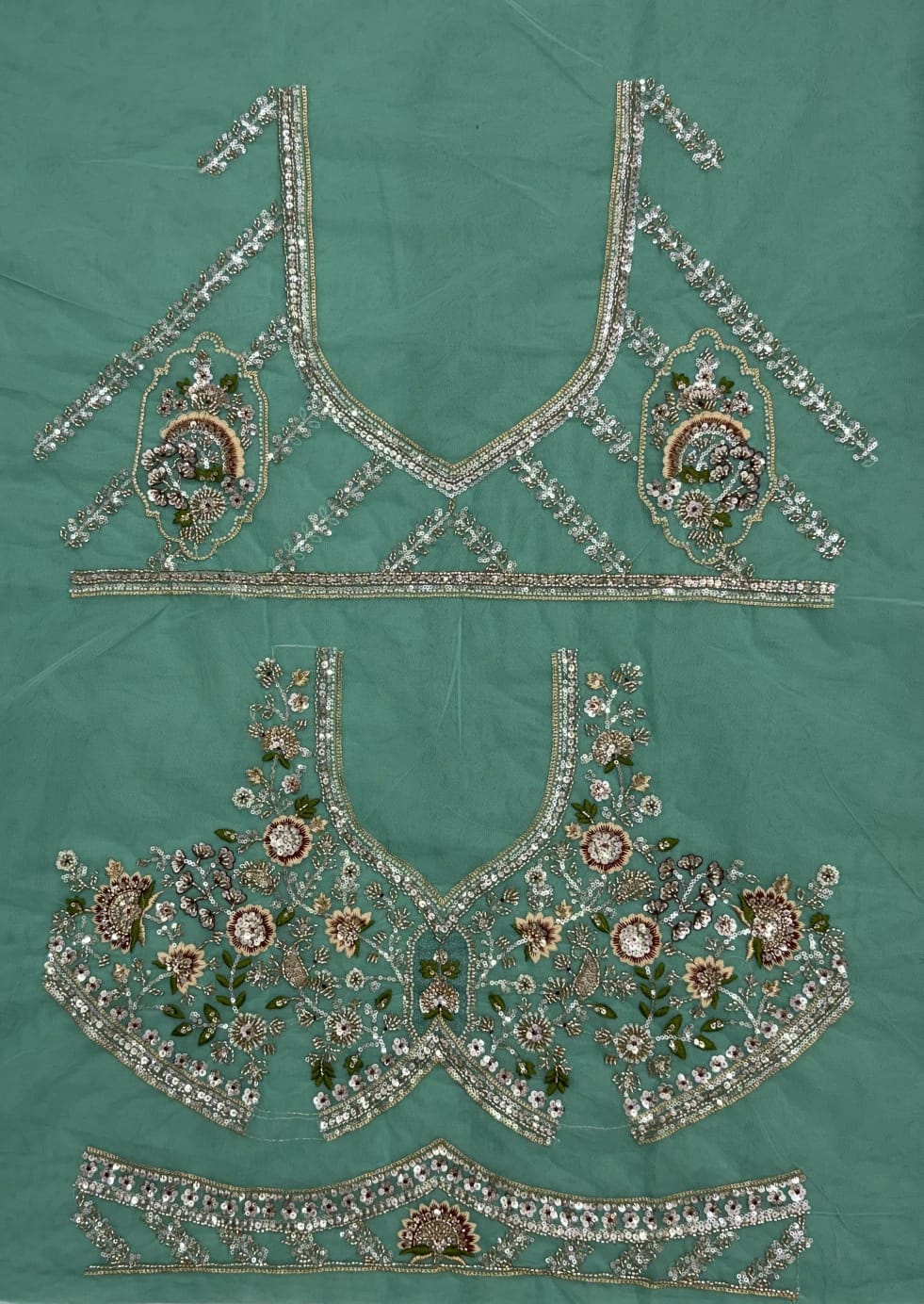 Pista Pure Premium Net Handwork Motif Crystal Patch Multi Thread & Sequins Work Bridal Lehenga Choli