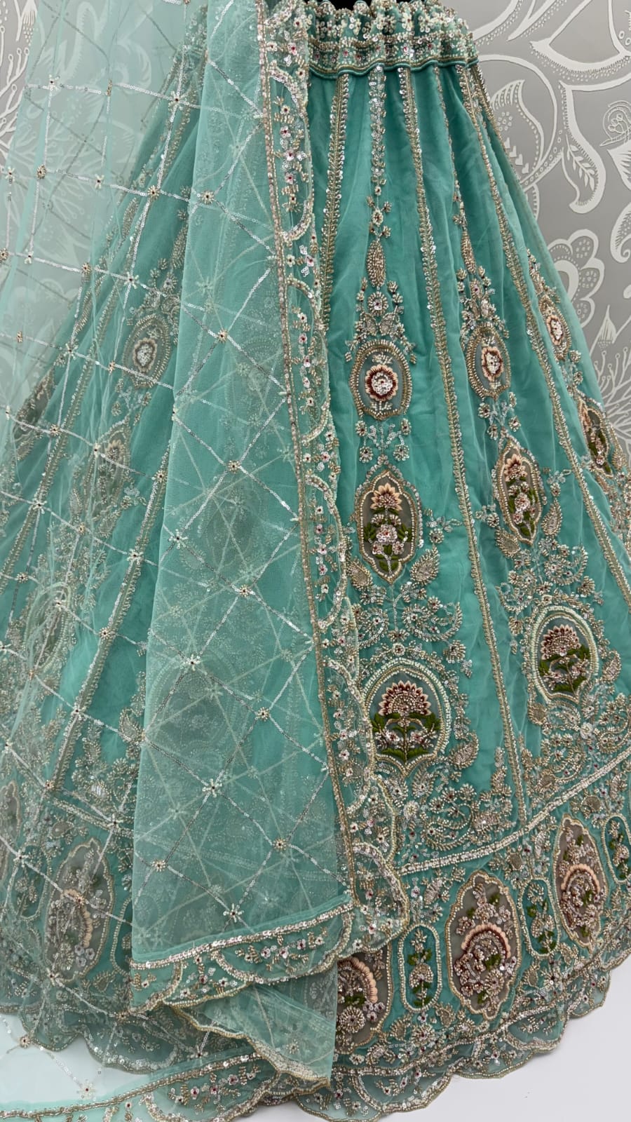 Pista Pure Premium Net Handwork Motif Crystal Patch Multi Thread & Sequins Work Bridal Lehenga Choli