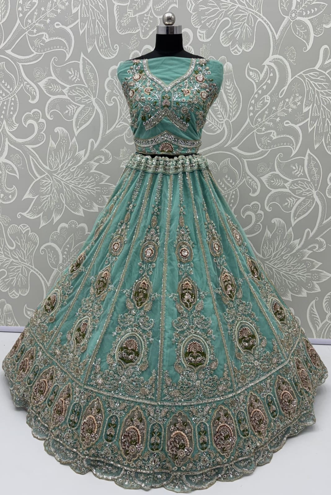 Pista Pure Premium Net Handwork Motif Crystal Patch Multi Thread & Sequins Work Bridal Lehenga Choli
