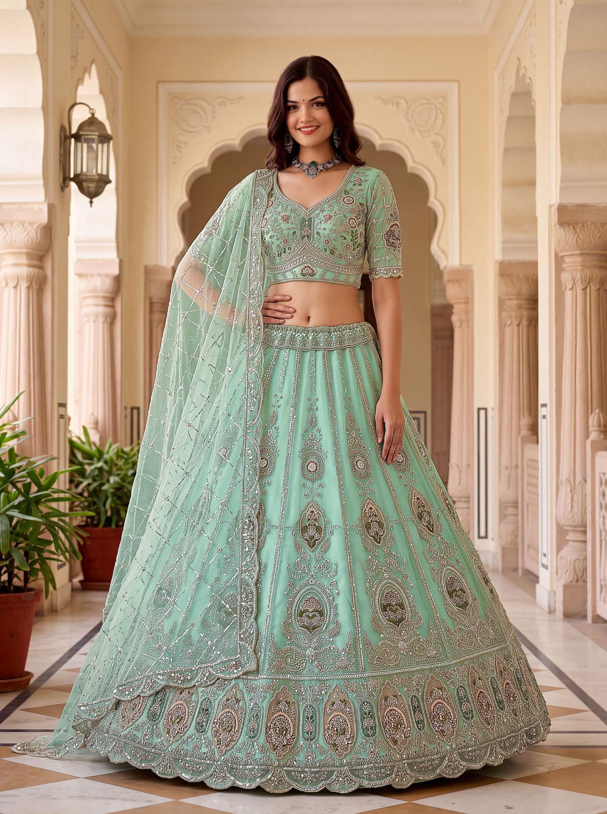 Pista Pure Premium Net Handwork Motif Crystal Patch Multi Thread & Sequins Work Bridal Lehenga Choli