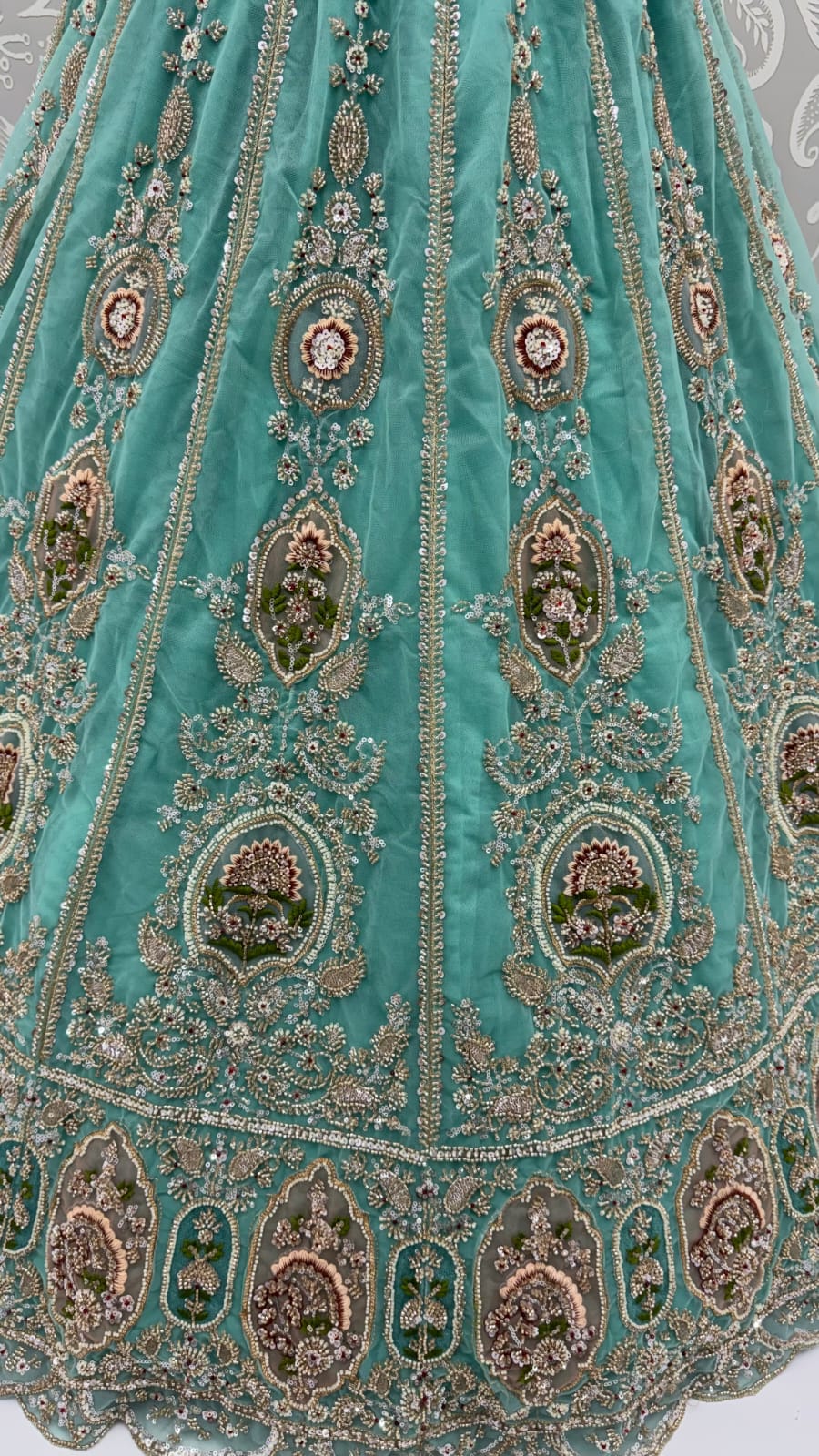 Pista Pure Premium Net Handwork Motif Crystal Patch Multi Thread & Sequins Work Bridal Lehenga Choli