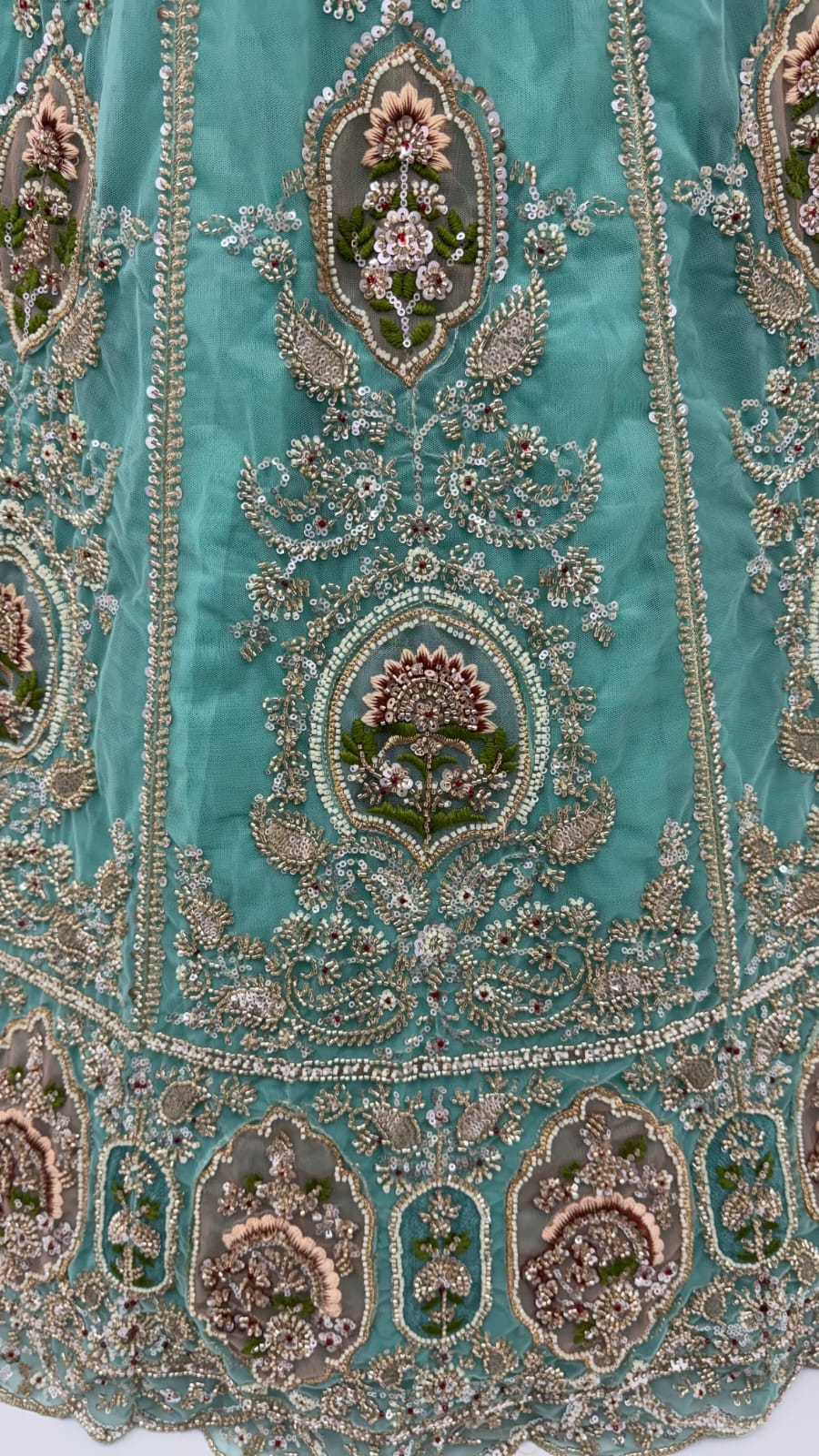 Pista Pure Premium Net Handwork Motif Crystal Patch Multi Thread & Sequins Work Bridal Lehenga Choli
