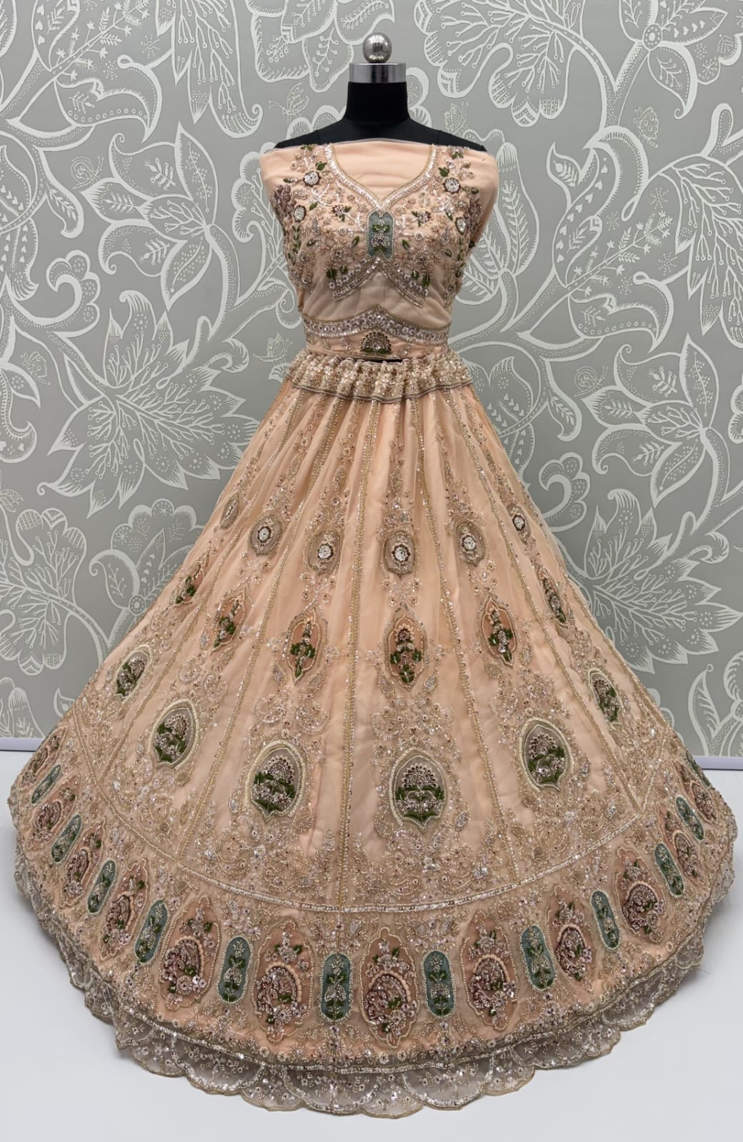 Peach Pure Premium Net Handwork Motif Crystal Patch Multi Thread & Sequins Work Bridal Lehenga Choli