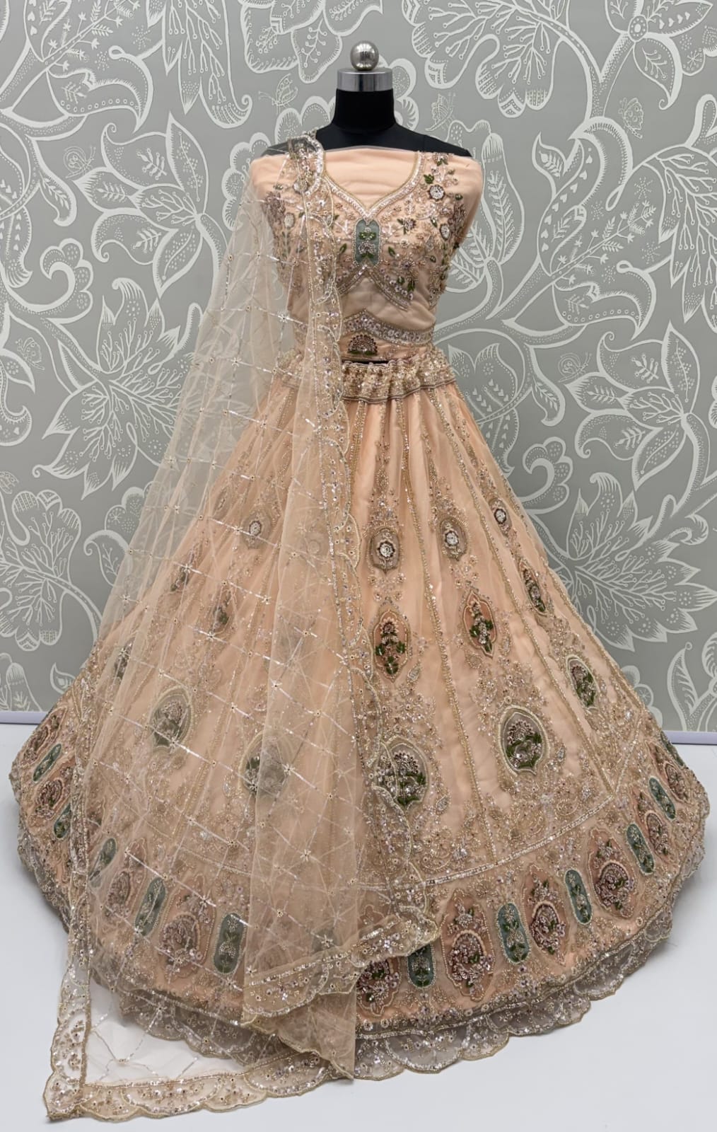 Peach Pure Premium Net Handwork Motif Crystal Patch Multi Thread & Sequins Work Bridal Lehenga Choli