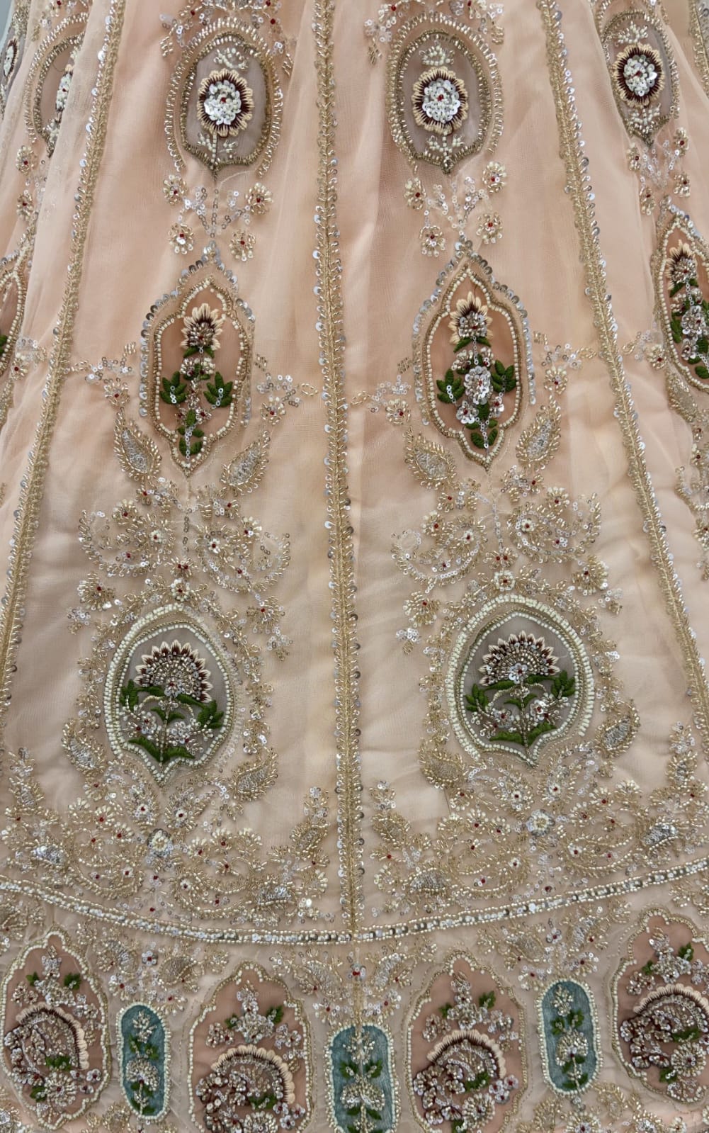 Peach Pure Premium Net Handwork Motif Crystal Patch Multi Thread & Sequins Work Bridal Lehenga Choli