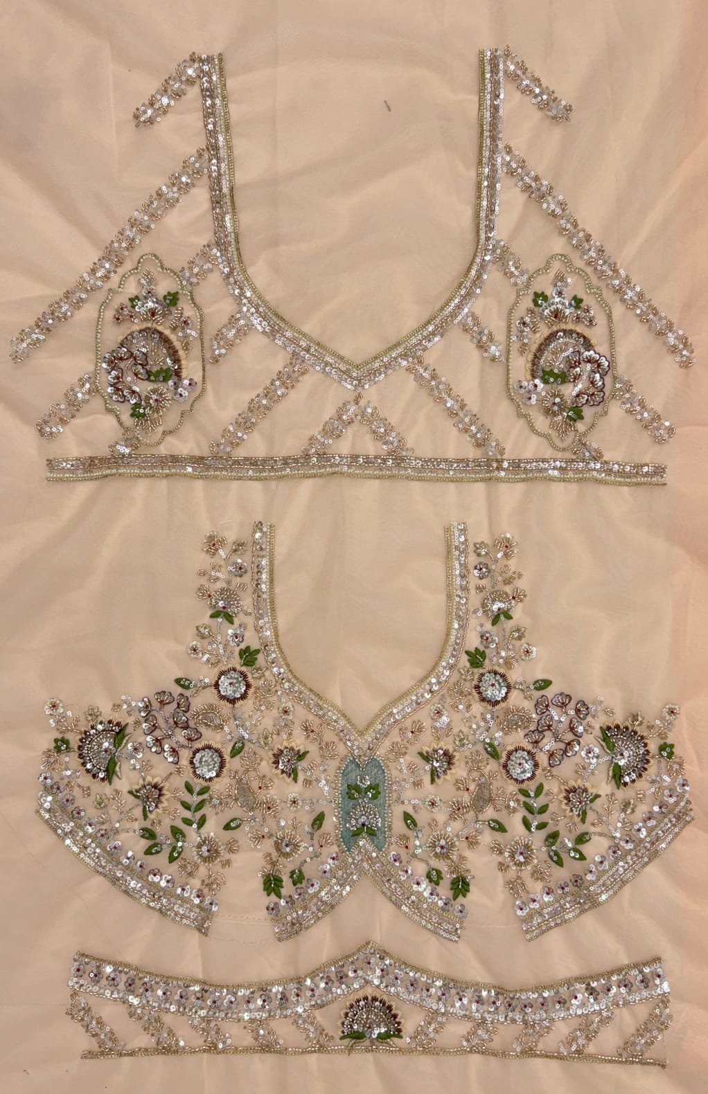Peach Pure Premium Net Handwork Motif Crystal Patch Multi Thread & Sequins Work Bridal Lehenga Choli