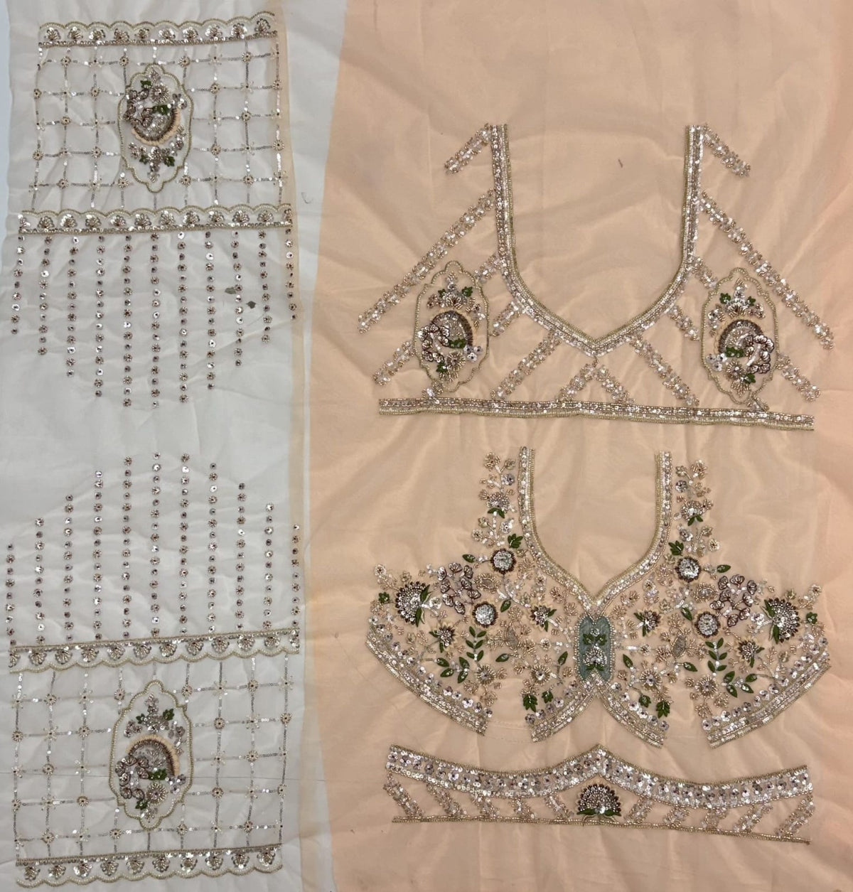 Peach Pure Premium Net Handwork Motif Crystal Patch Multi Thread & Sequins Work Bridal Lehenga Choli