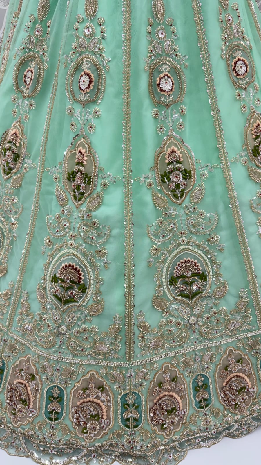 Sea Green Pure Premium Net Handwork Motif Crystal Patch Multi Thread & Sequins Work Bridal Lehenga Choli