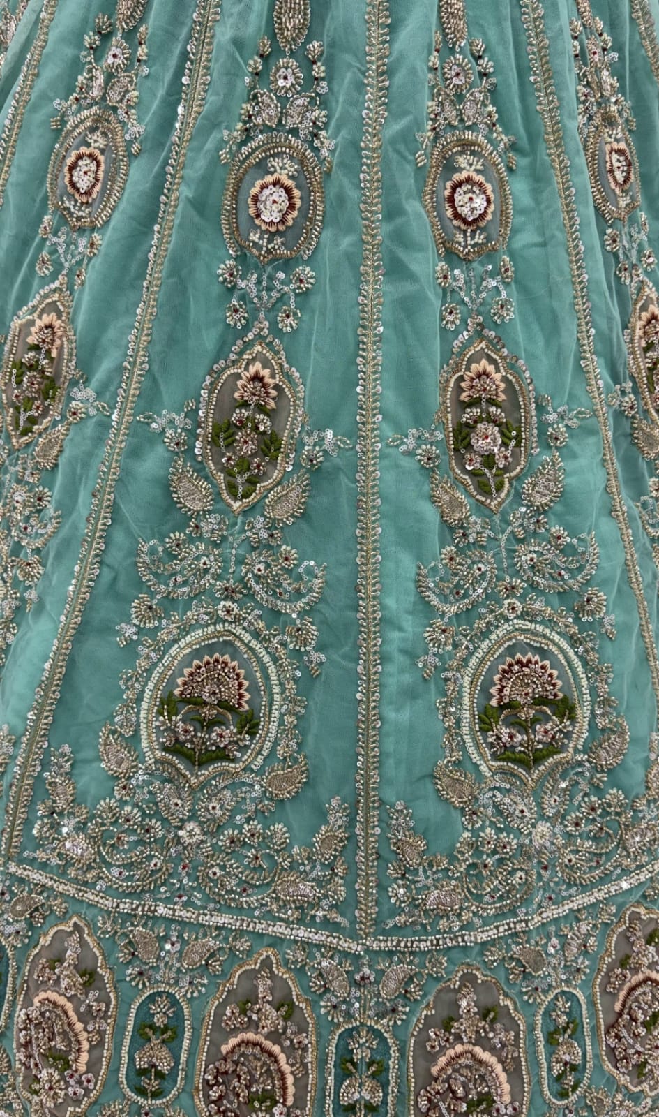 Sea Green Pure Premium Net Handwork Motif Crystal Patch Multi Thread & Sequins Work Bridal Lehenga Choli