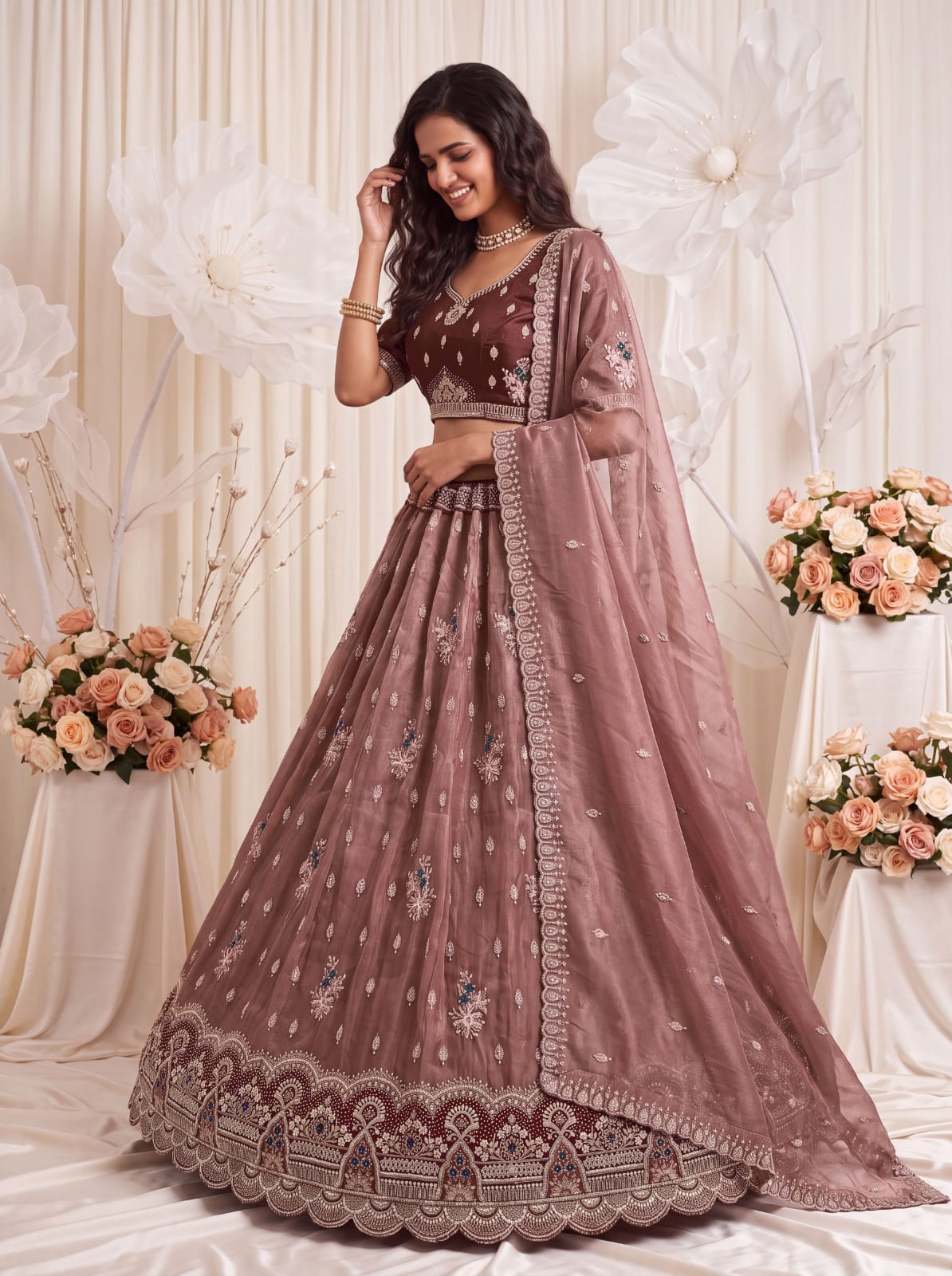 Mauve Pure Chandnia Silk Handwork Motif Crystal Beads Multi Thread Sequins Work Bridal Lehenga Choli