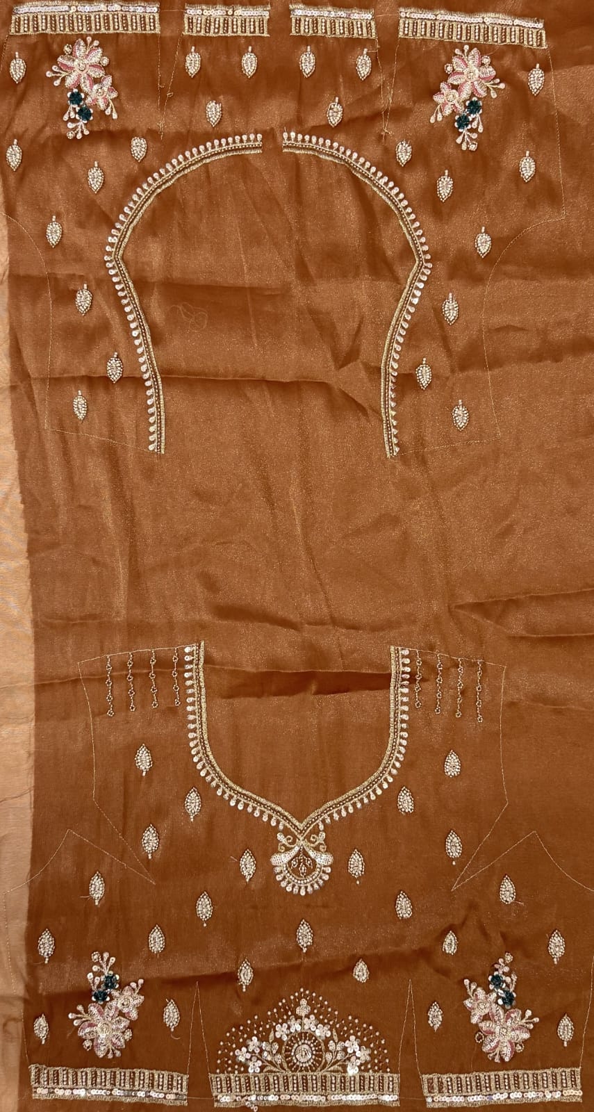 Gold Pure Chandnia Silk Handwork Motif Crystal Beads Multi Thread Sequins Work Bridal Lehenga Choli