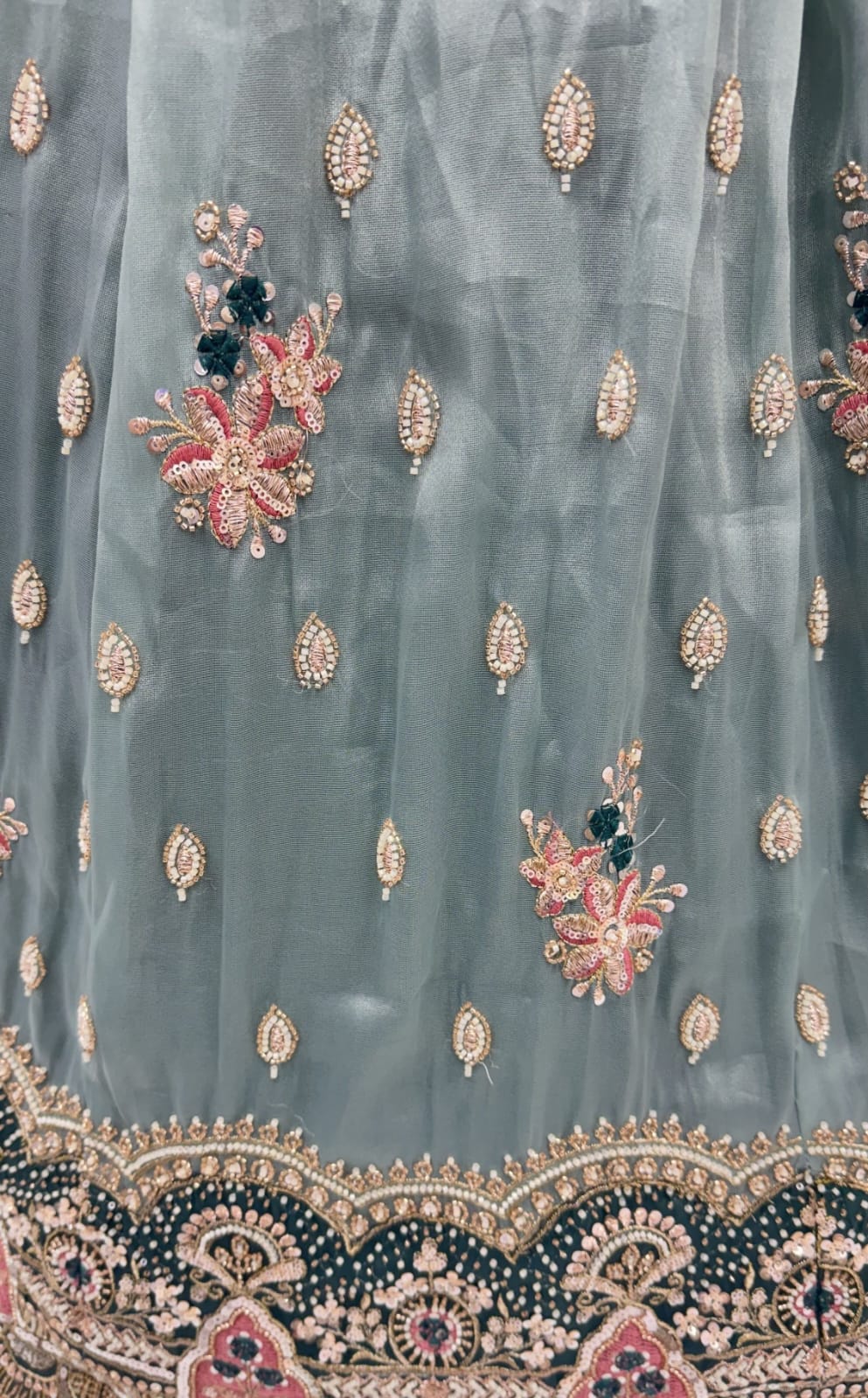 Teal Blue Pure Chandnia Silk Handwork Motif Crystal Beads Multi Thread Sequins Work Bridal Lehenga Choli