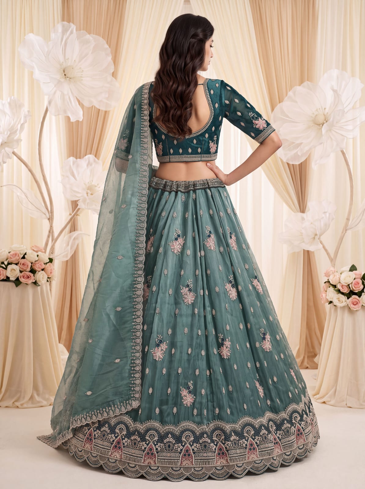 Teal Blue Pure Chandnia Silk Handwork Motif Crystal Beads Multi Thread Sequins Work Bridal Lehenga Choli