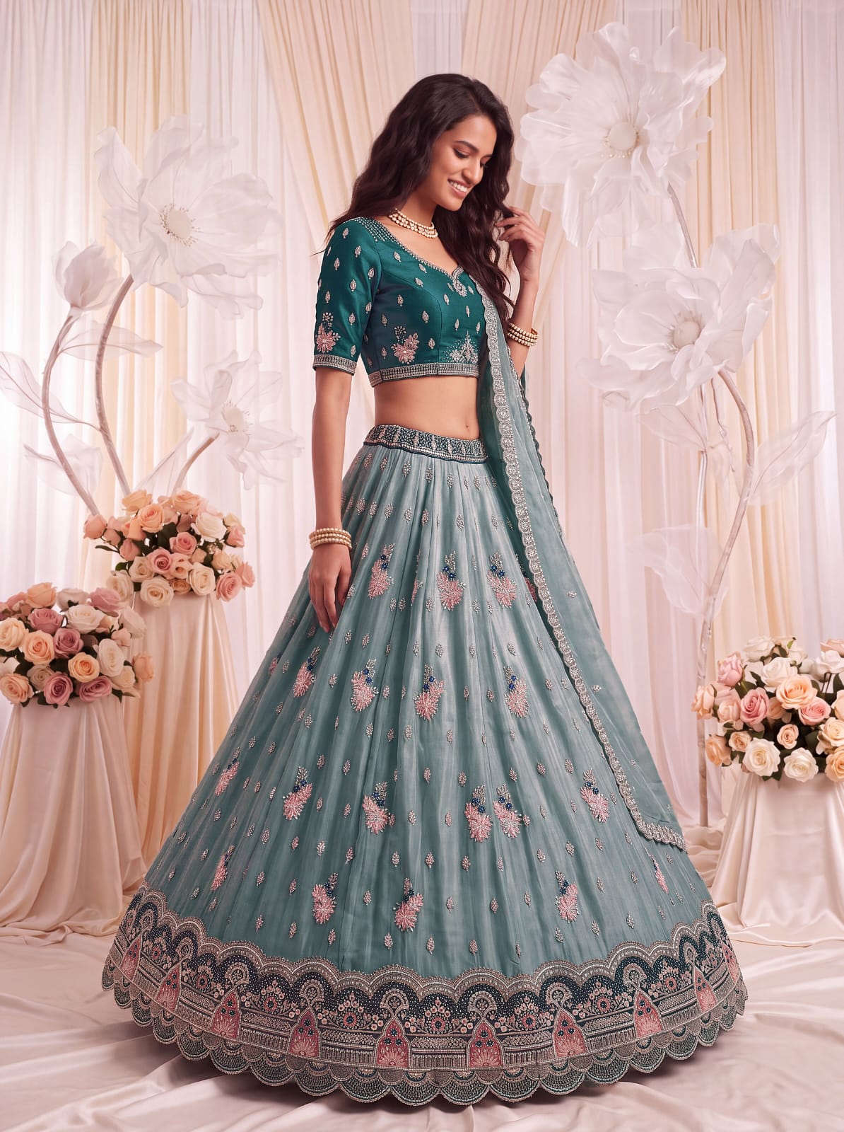 Teal Blue Pure Chandnia Silk Handwork Motif Crystal Beads Multi Thread Sequins Work Bridal Lehenga Choli