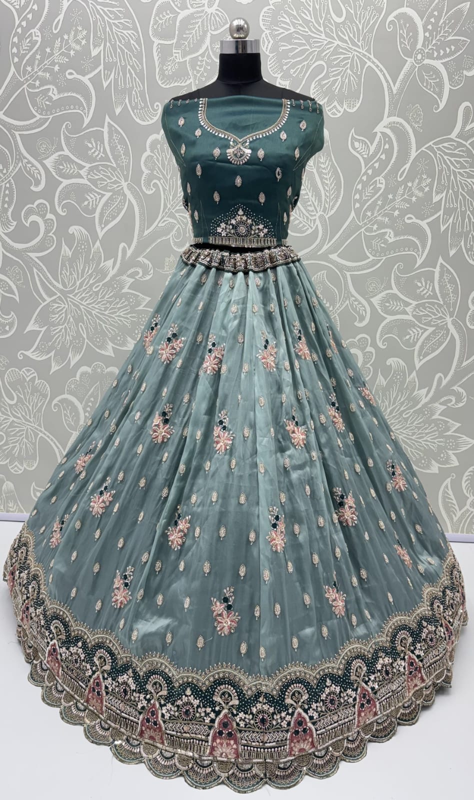 Teal Blue Pure Chandnia Silk Handwork Motif Crystal Beads Multi Thread Sequins Work Bridal Lehenga Choli