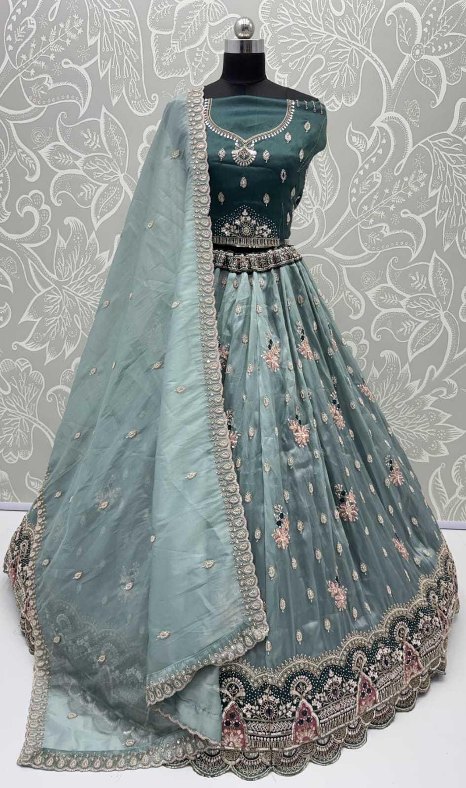 Teal Blue Pure Chandnia Silk Handwork Motif Crystal Beads Multi Thread Sequins Work Bridal Lehenga Choli