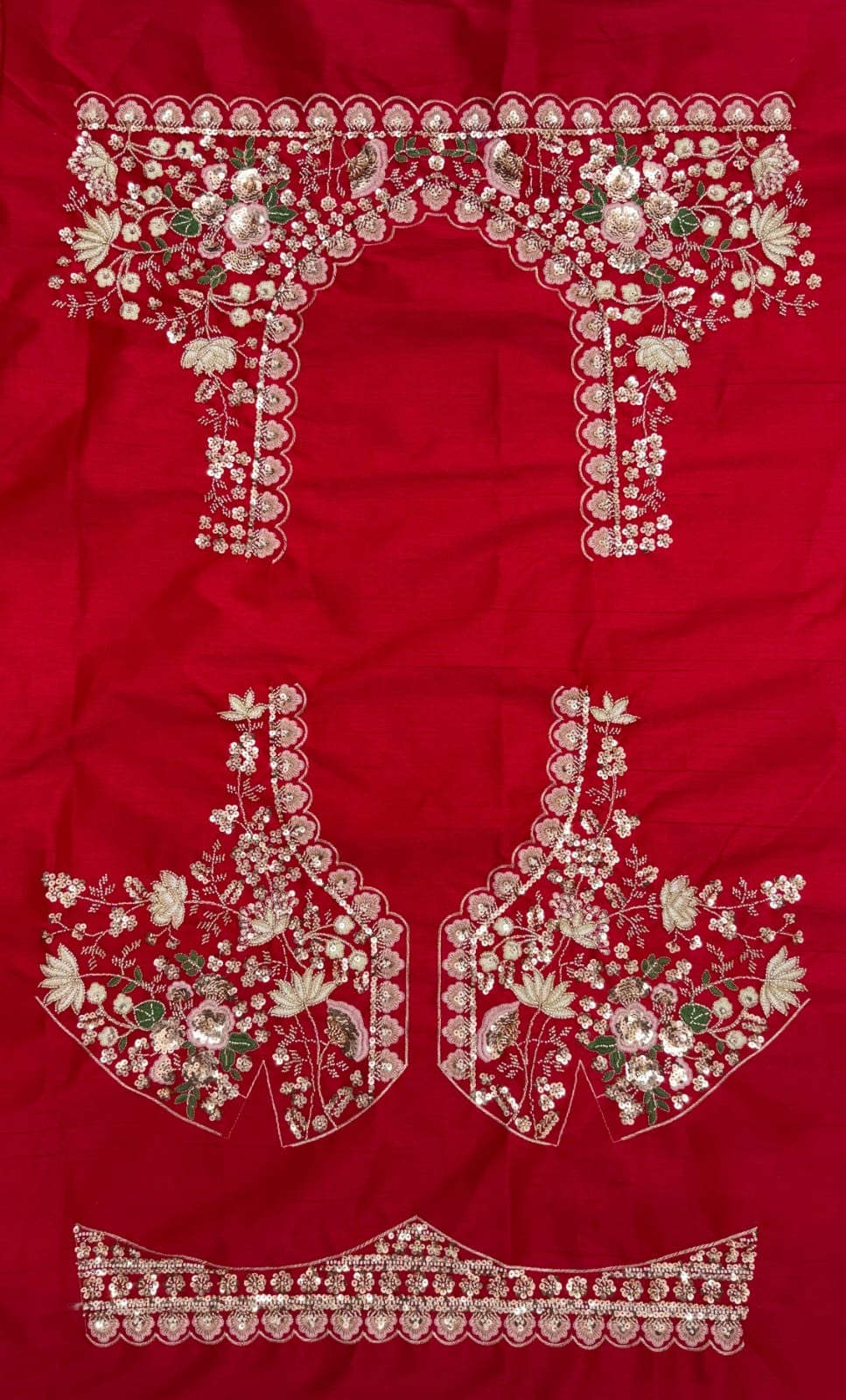 Red Pure Soft Satin Silk Heavy Beads Motif Zari Embroidery Sequins Work Bridal Lehenga Choli