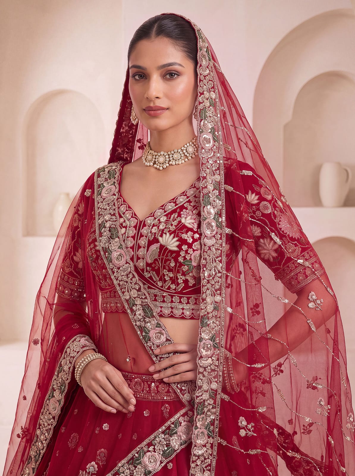Red Pure Soft Satin Silk Heavy Beads Motif Zari Embroidery Sequins Work Bridal Lehenga Choli