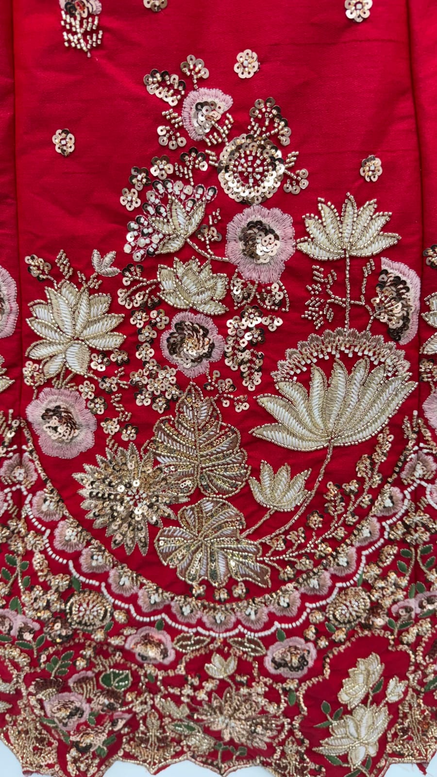 Red Pure Soft Satin Silk Heavy Beads Motif Zari Embroidery Sequins Work Bridal Lehenga Choli