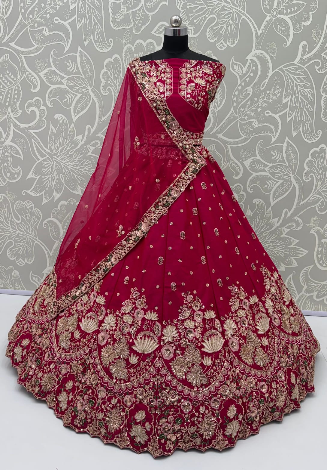 Rani Pink Pure Soft Satin Silk Heavy Beads Motif Zari Embroidery Sequins Work Bridal Lehenga Choli
