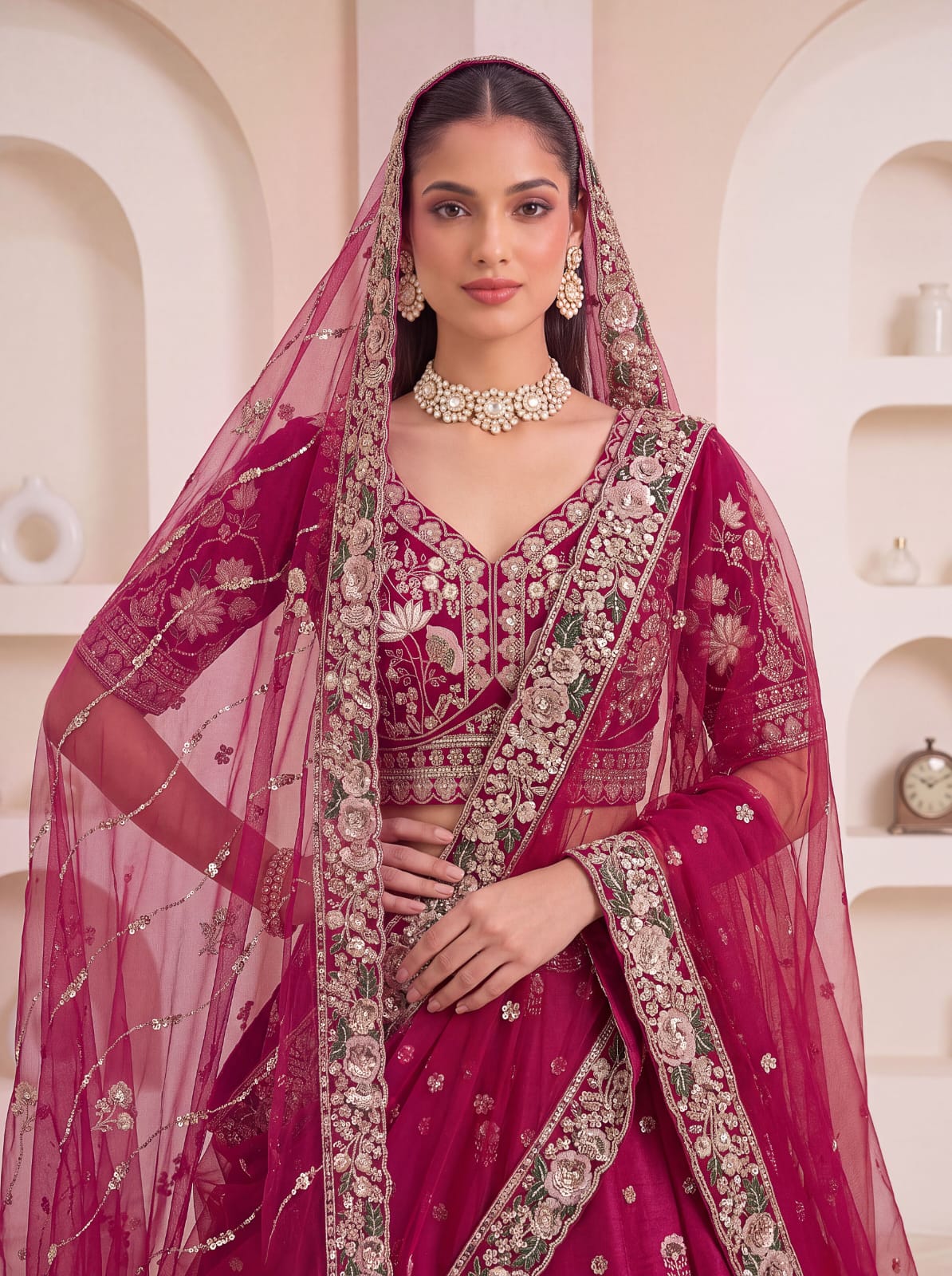 Rani Pink Pure Soft Satin Silk Heavy Beads Motif Zari Embroidery Sequins Work Bridal Lehenga Choli