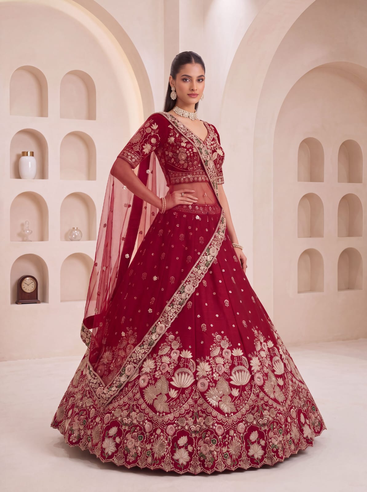 Maroon Pure Soft Satin Silk Heavy Beads Motif Zari Embroidery Sequins Work Bridal Lehenga Choli
