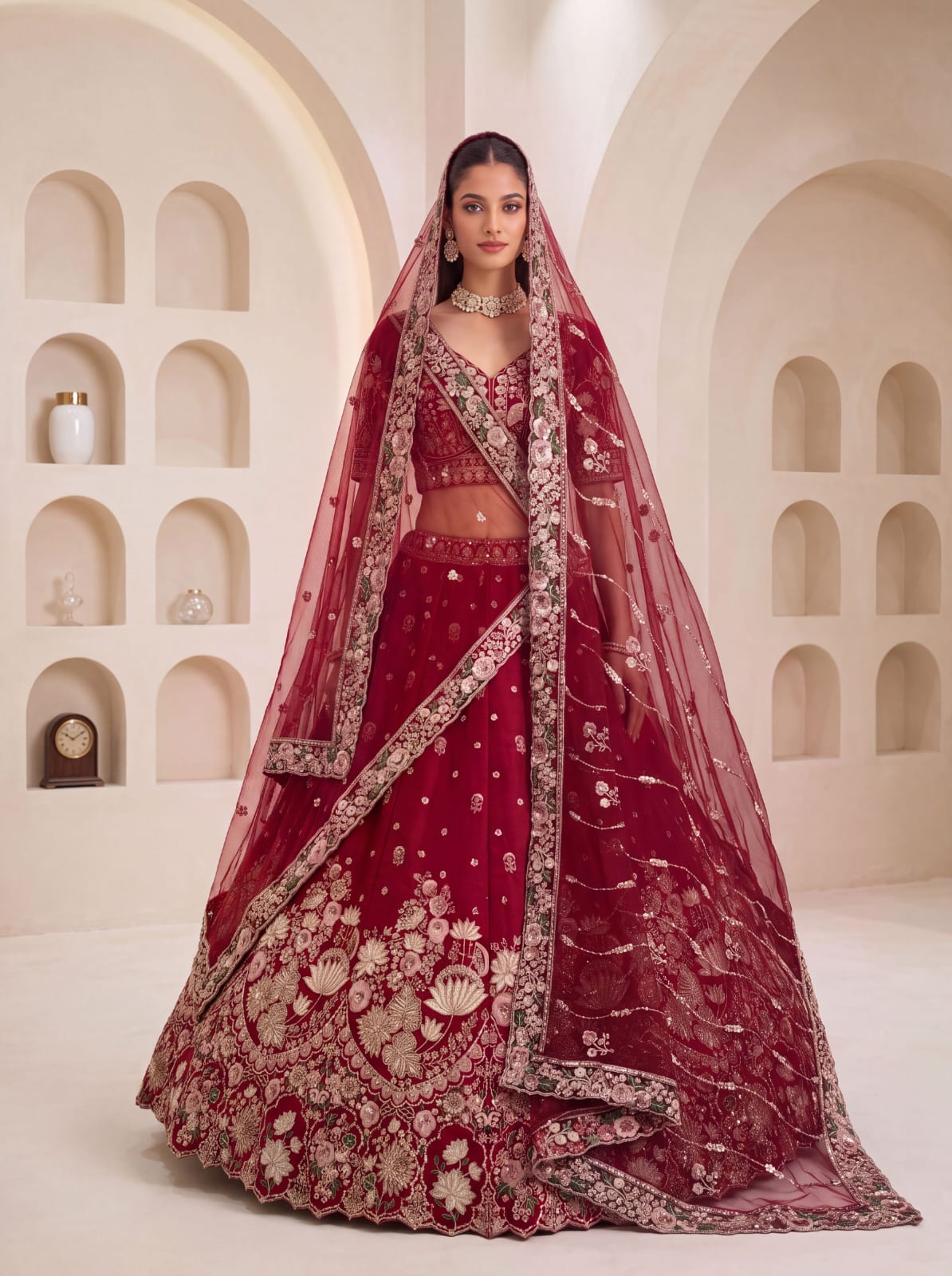 Maroon Pure Soft Satin Silk Heavy Beads Motif Zari Embroidery Sequins Work Bridal Lehenga Choli