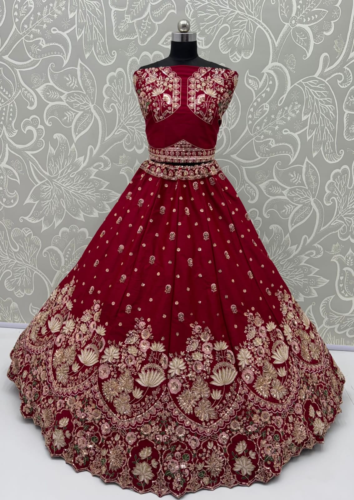 Maroon Pure Soft Satin Silk Heavy Beads Motif Zari Embroidery Sequins Work Bridal Lehenga Choli