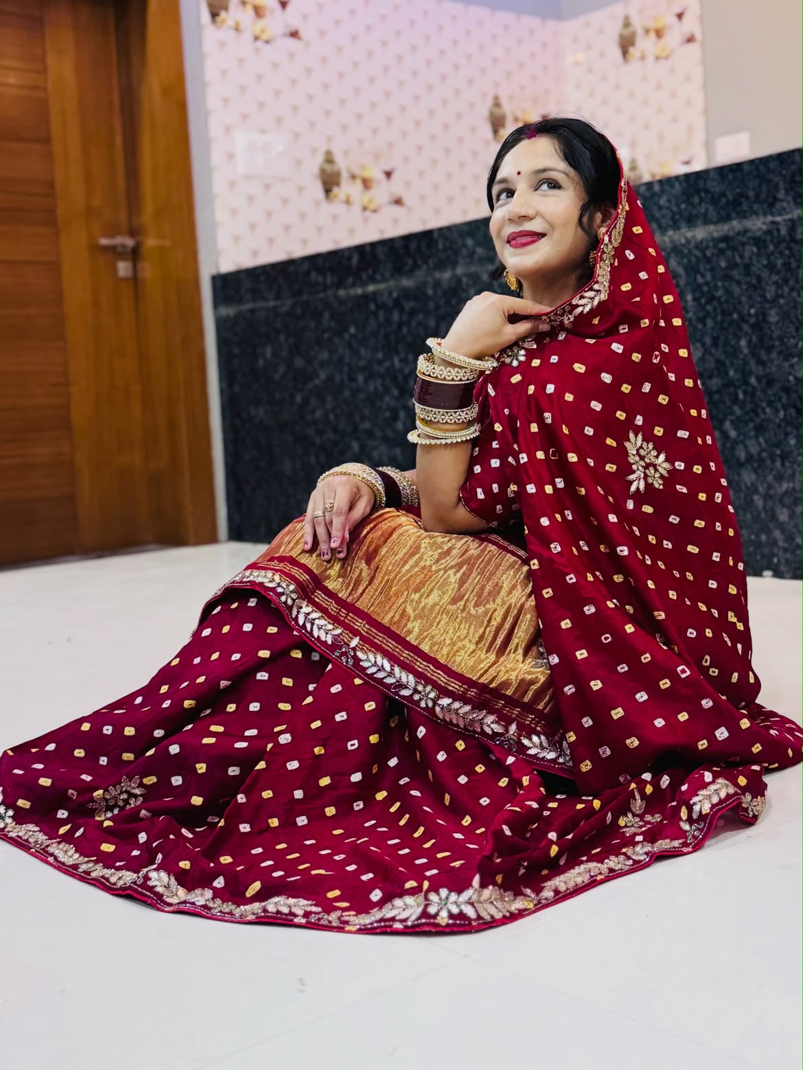 Maroon Pure Gaji Silk Bandhani With Gota Pati Lagdi Patta Bandhani Saree