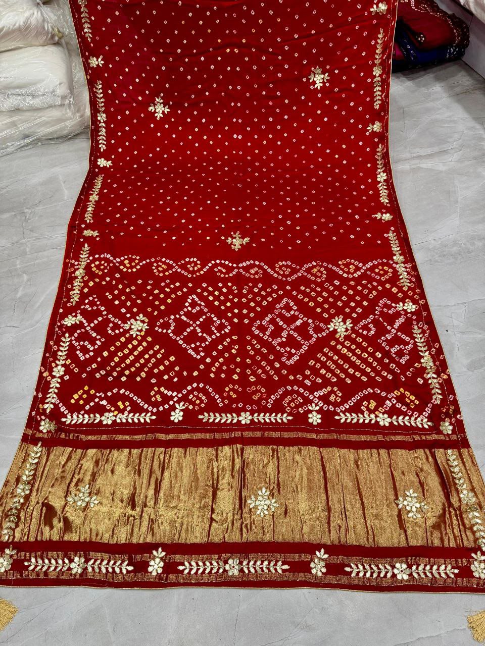Red Pure Gaji Silk Bandhani With Gota Pati Lagdi Patta Bandhani Saree