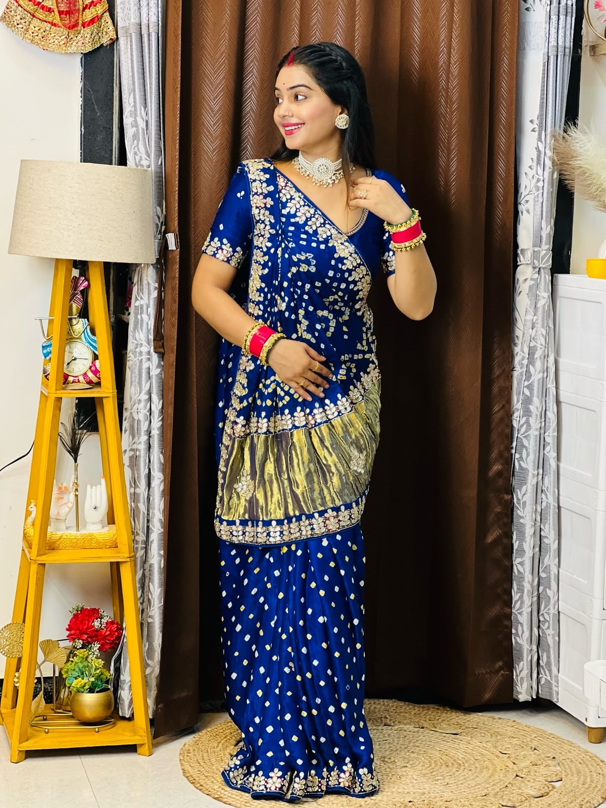Royal Blue Pure Gaji Silk Bandhani With Gota Pati Lagdi Patta Bandhani Saree