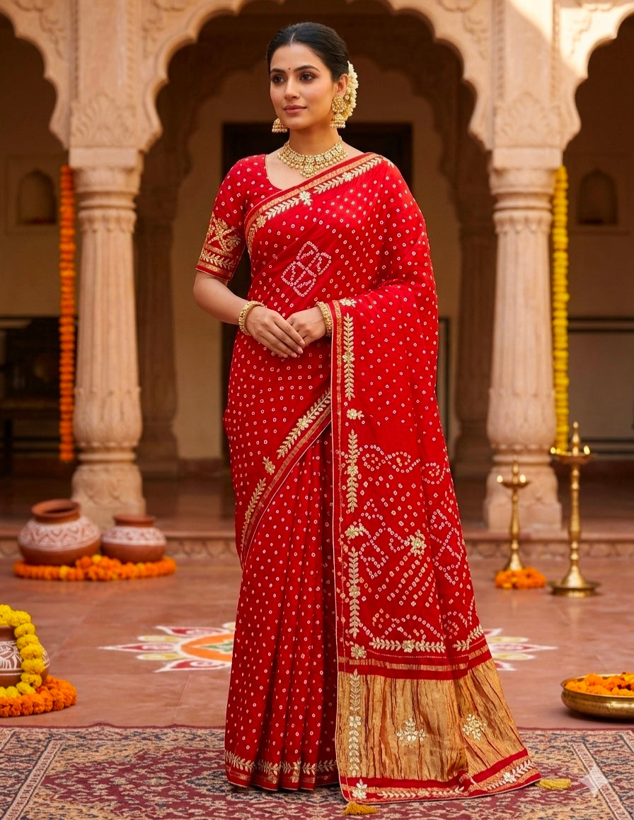 Red Pure Gaji Silk Bandhani With Gota Pati Lagdi Patta Bandhani Saree