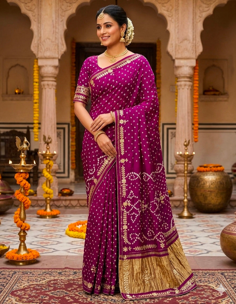Purple Pure Gaji Silk Bandhani With Gota Pati Lagdi Patta Bandhani Saree