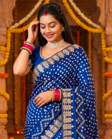 Royal Blue Pure Gaji Silk Bandhani With Gota Pati Lagdi Patta Bandhani Saree