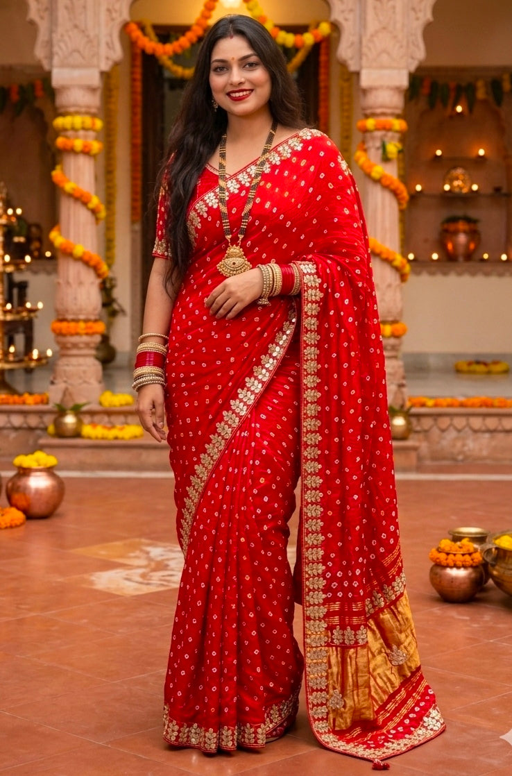 Red Pure Gaji Silk Bandhani With Gota Pati Lagdi Patta Bandhani Saree