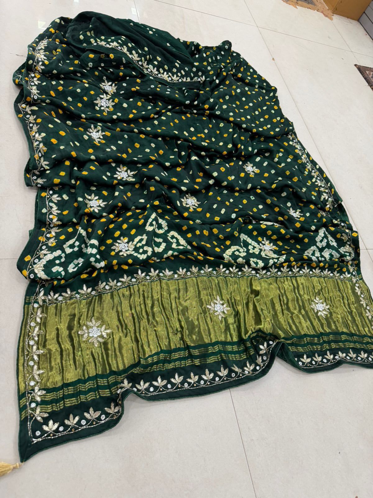 Green Pure Gaji Silk Bandhani With Gota Pati Lagdi Patta Bandhani Saree