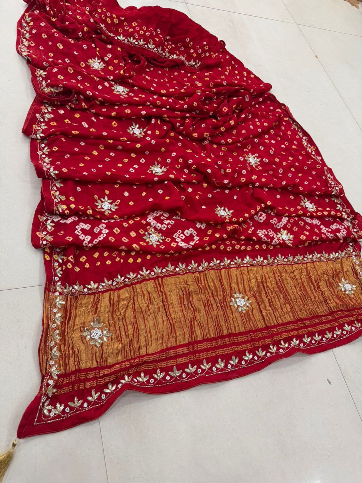 Red Pure Gaji Silk Bandhani With Gota Pati Lagdi Patta Bandhani Saree