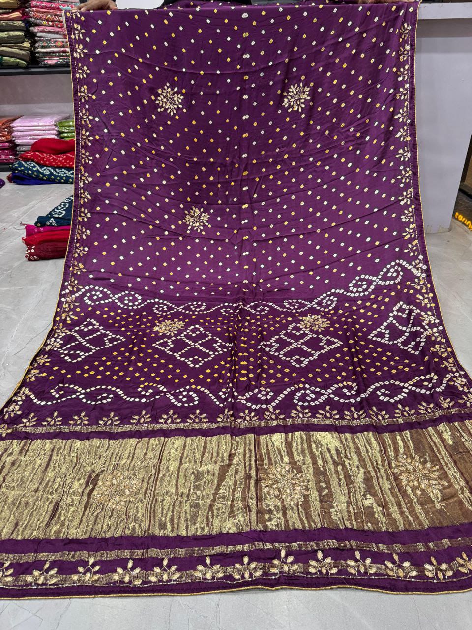 Purple Pure Gaji Silk Bandhani With Gota Pati Lagdi Patta Bandhani Saree