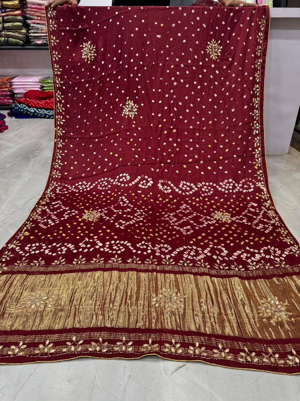 Maroon Pure Gaji Silk Bandhani With Gota Pati Lagdi Patta Bandhani Saree
