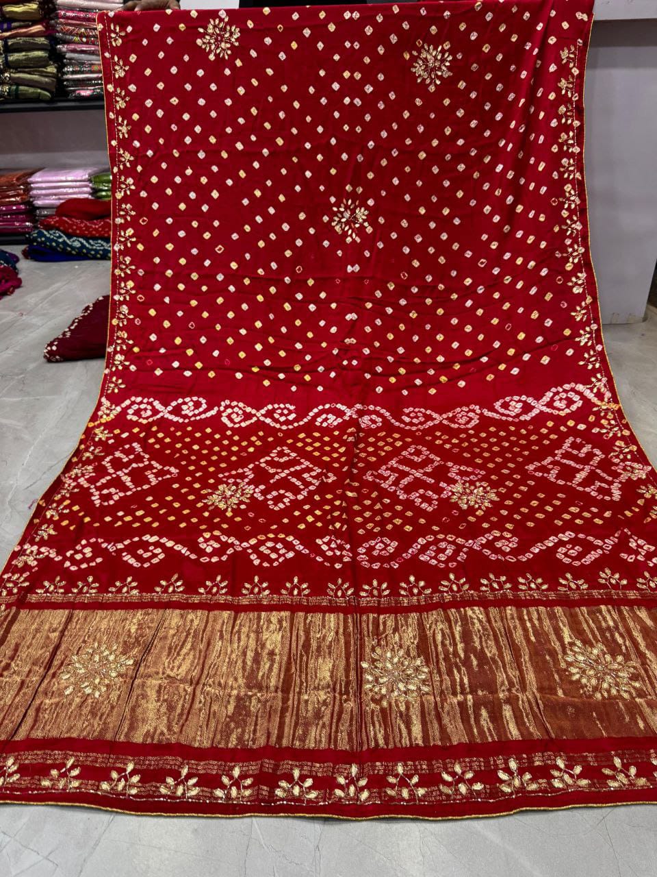 Red Pure Gaji Silk Bandhani With Gota Pati Lagdi Patta Bandhani Saree