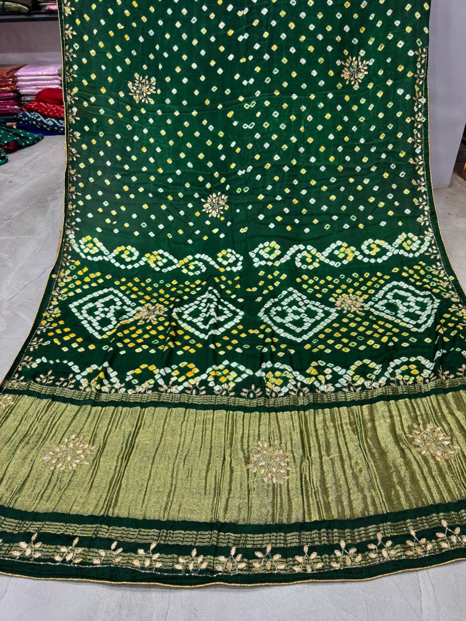 Green Pure Gaji Silk Bandhani With Gota Pati Lagdi Patta Bandhani Saree