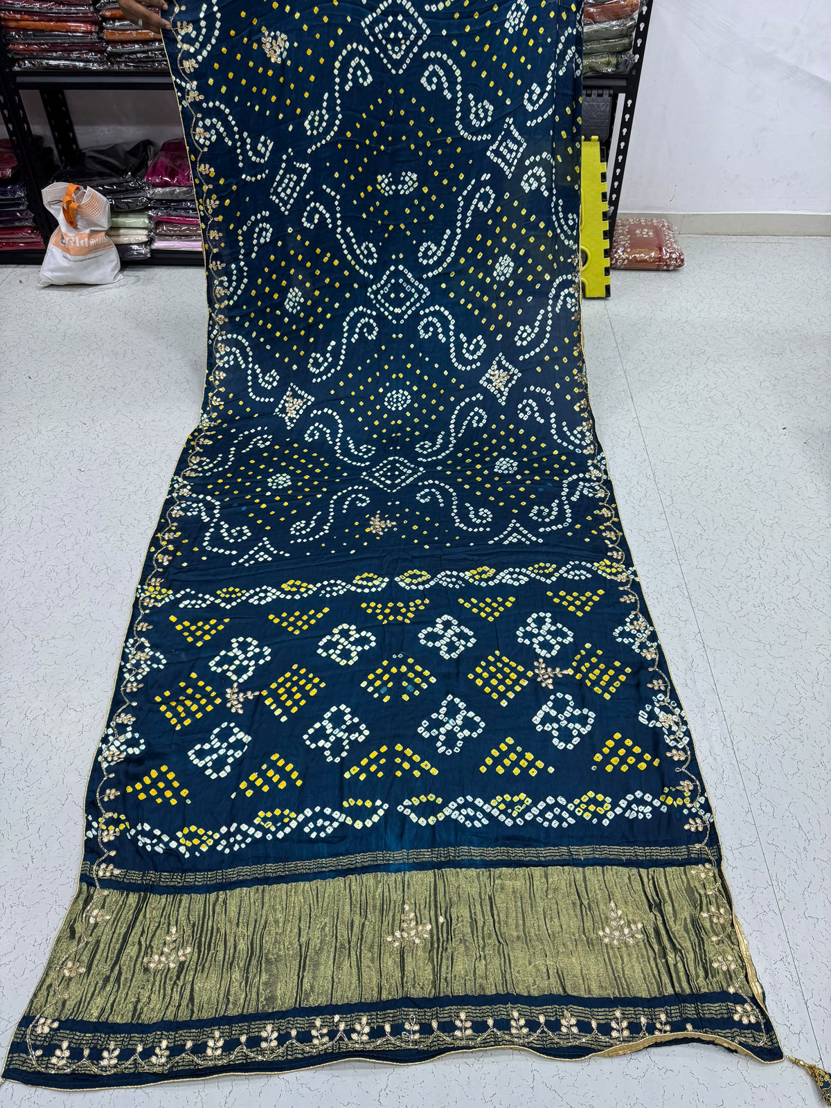 Teal Pure Gaji Silk Bandhani With Gota Pati Lagdi Patta Bandhani Saree