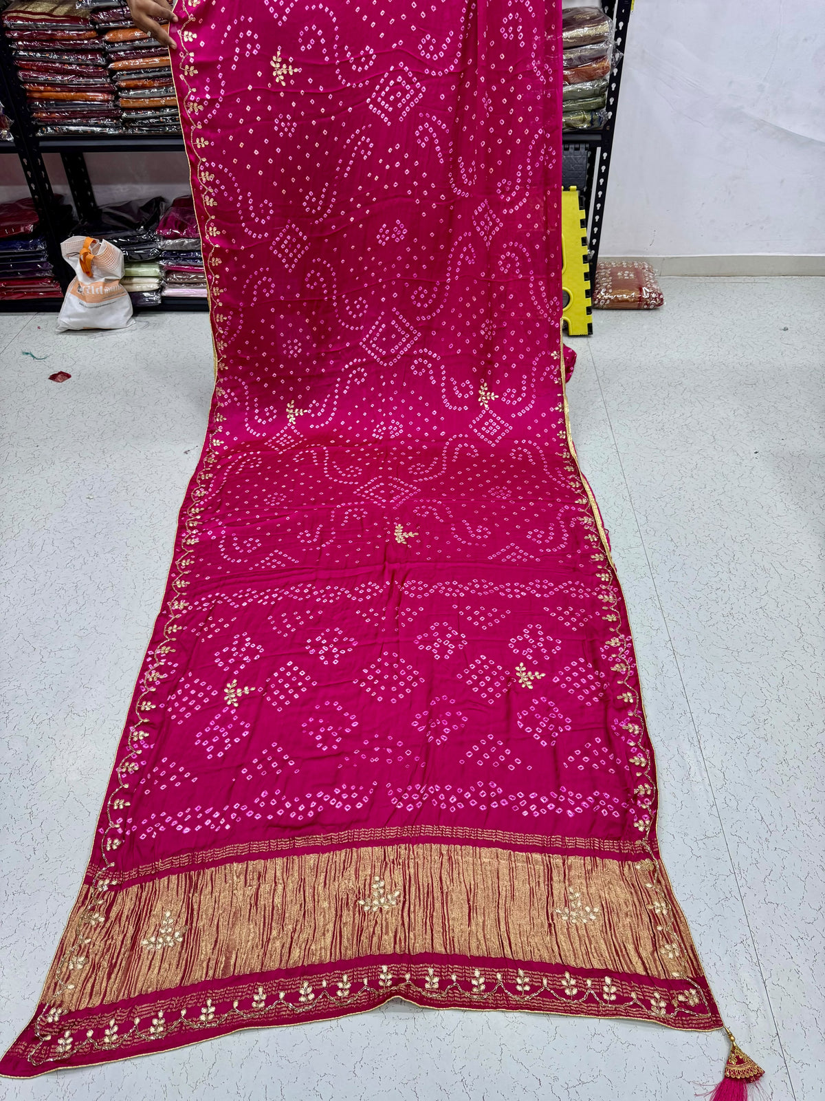 Pink Pure Gaji Silk Bandhani With Gota Pati Lagdi Patta Bandhani Saree